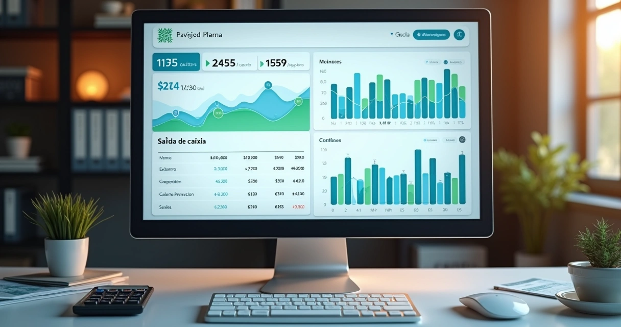Tela de dashboard financeiro mostrando gráfico detalhado de saída de caixa e resumo de despesas em cores azul e verde 