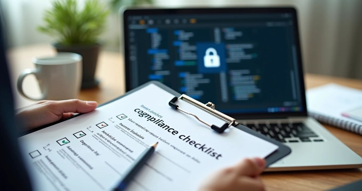 Checklist de políticas digitais em prancheta ao lado de notebook de advogado 