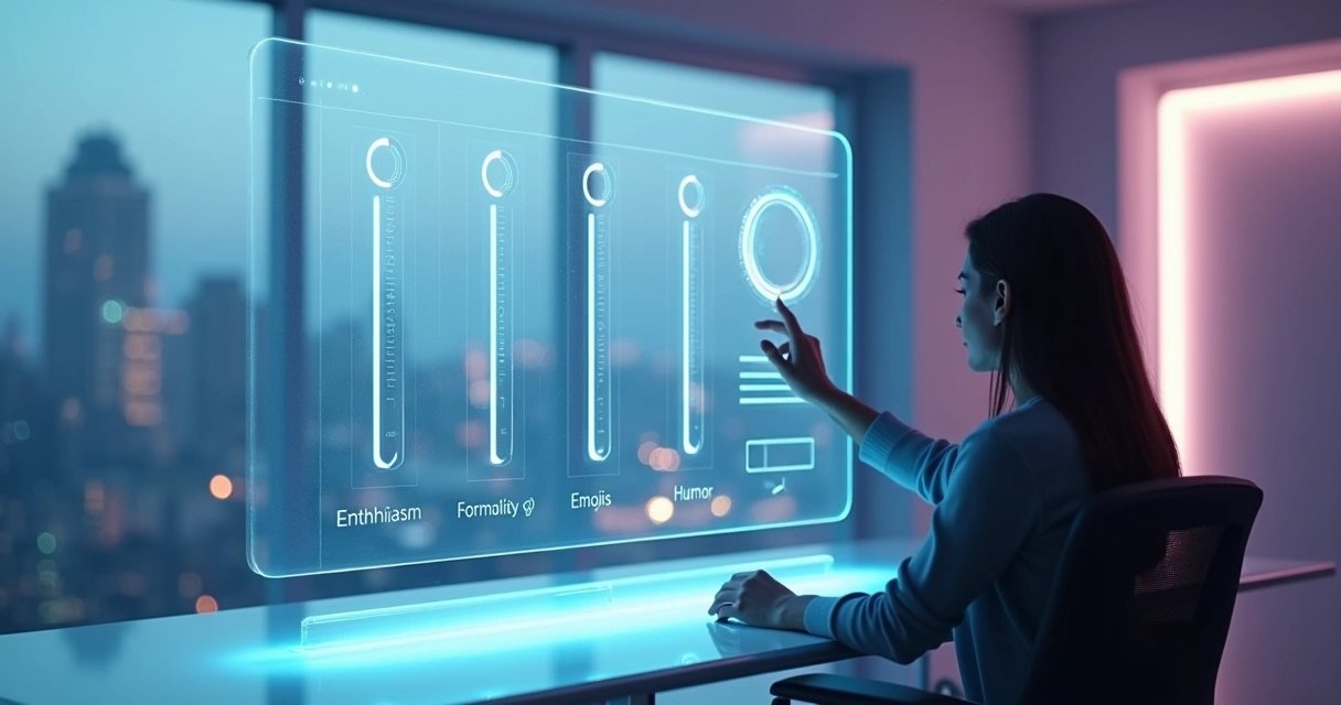 Interface conceitual com controles deslizantes ajustando tom e entusiasmo de uma IA 