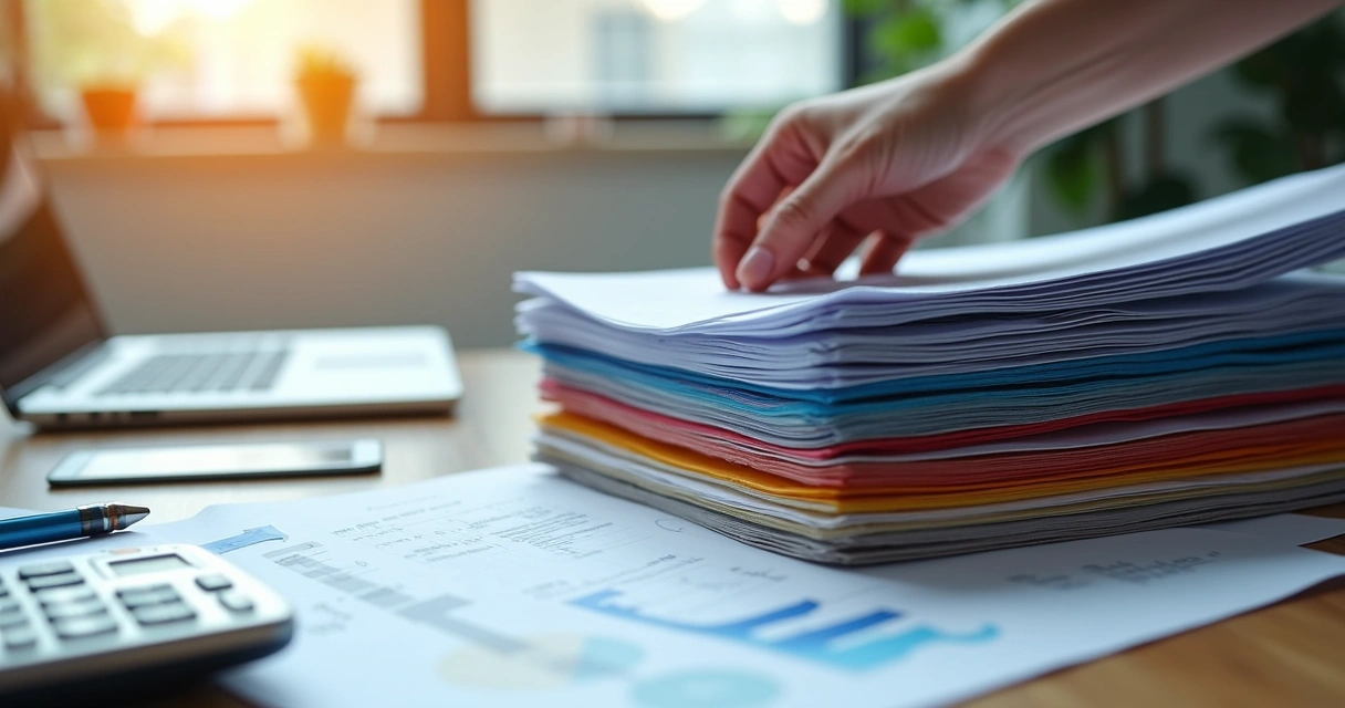 Pilha de documentos contábeis organizados e carimbados sobre mesa empresarial 