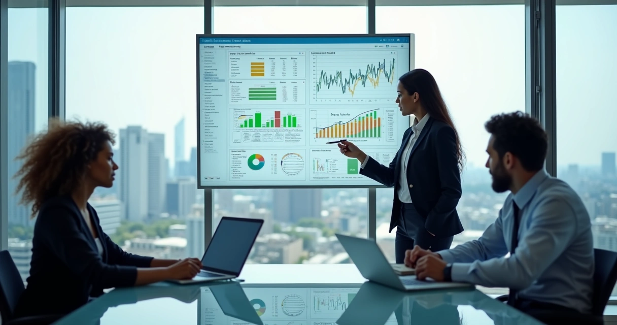 Equipe analisando painel de controles internos e indicadores de gestão em escritório moderno 