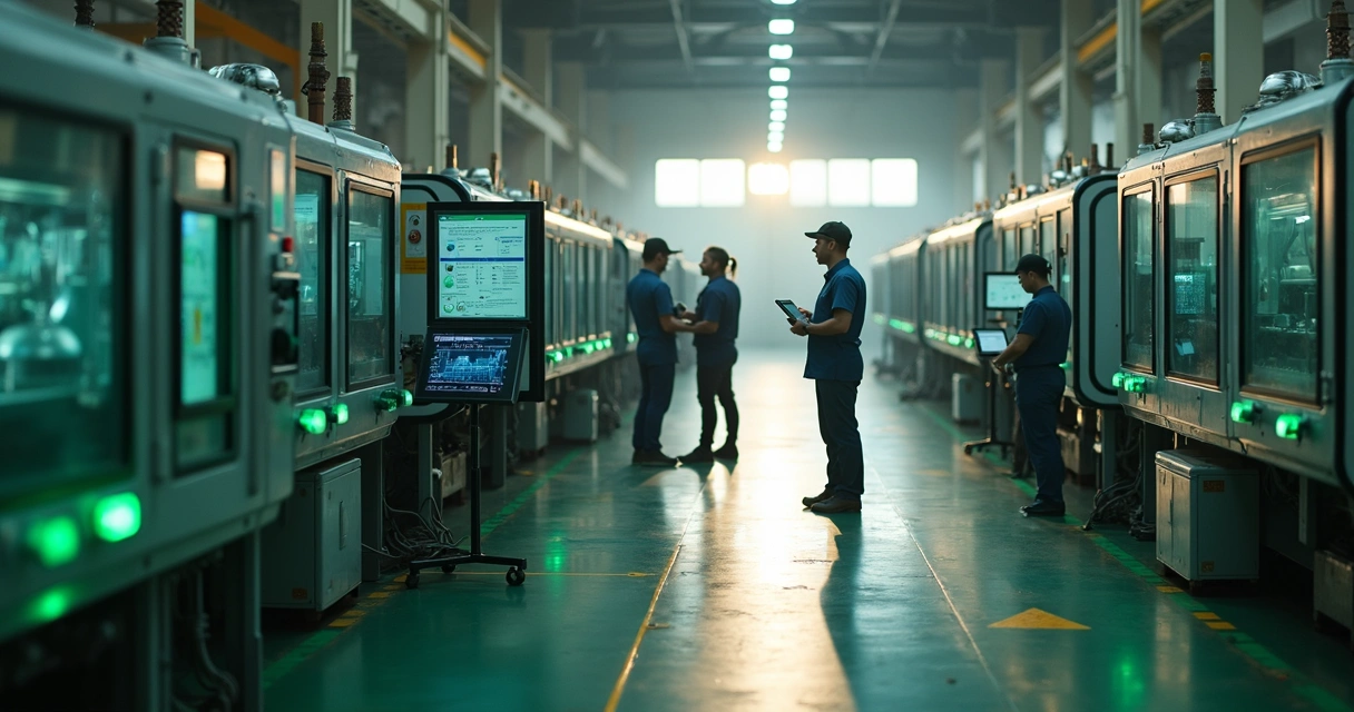 Linhas de máquinas industriais com controles verdes 