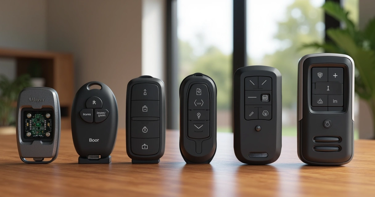 Vários controles para portão eletrônico lado a lado em uma mesa de madeira 