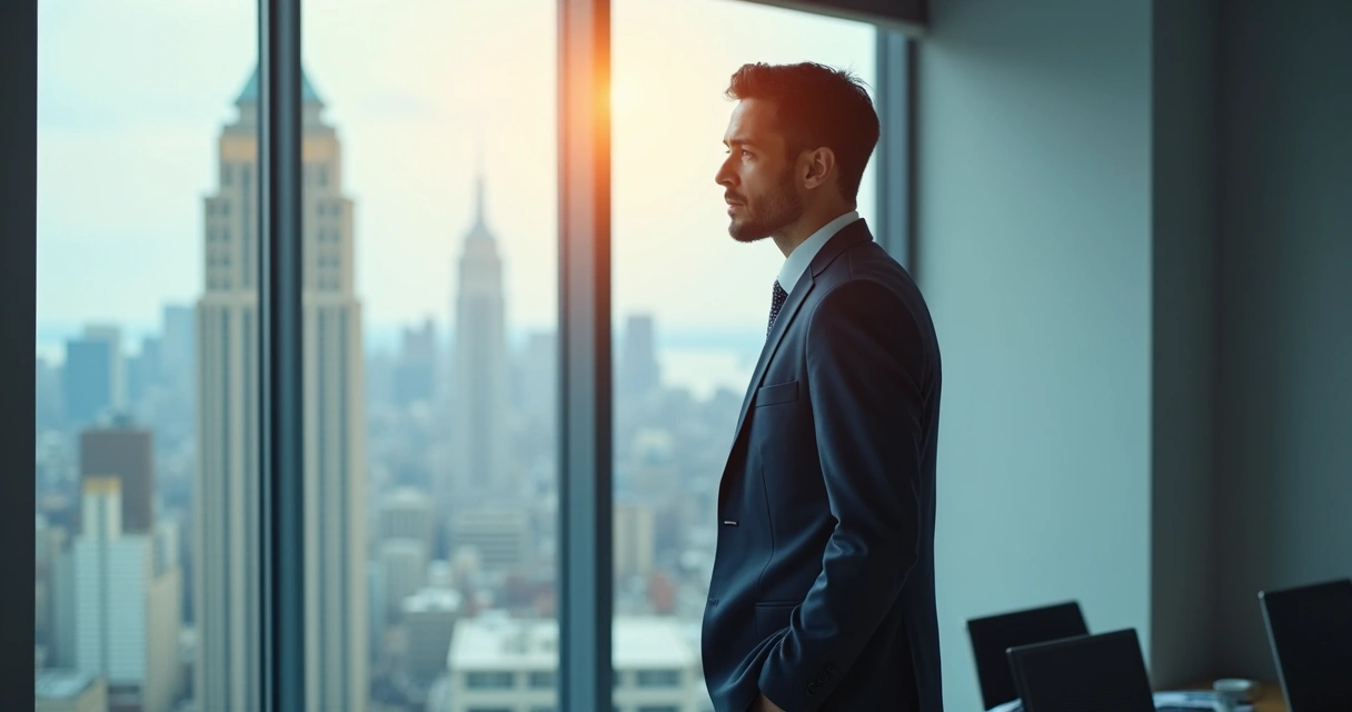Funcionário observando a cidade pela janela de um escritório elegante, expressão de reflexão e vulnerabilidade