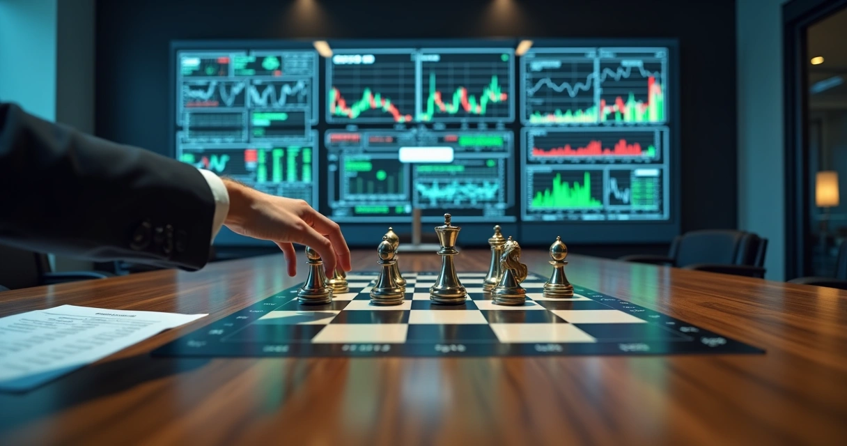 Financial controller moving chess pieces on oversized board with market charts in background 