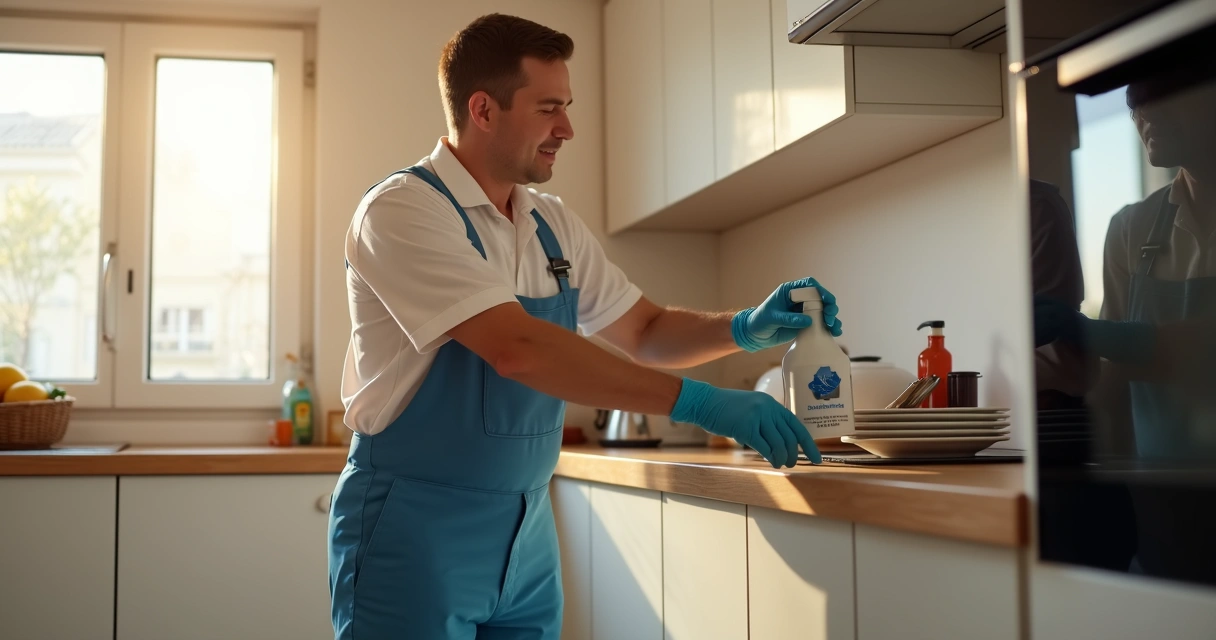 Técnico de controlo de pragas a aplicar produto numa cozinha moderna 