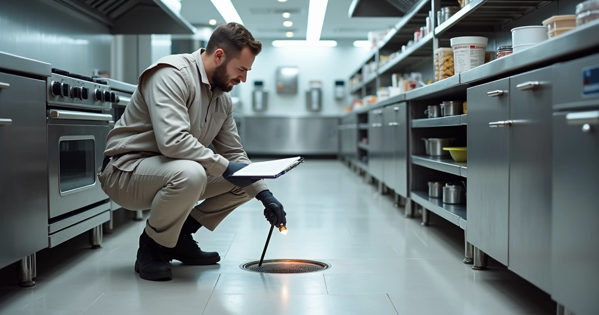 Técnico de controlo de pragas a inspecionar cozinha profissional de restaurante 