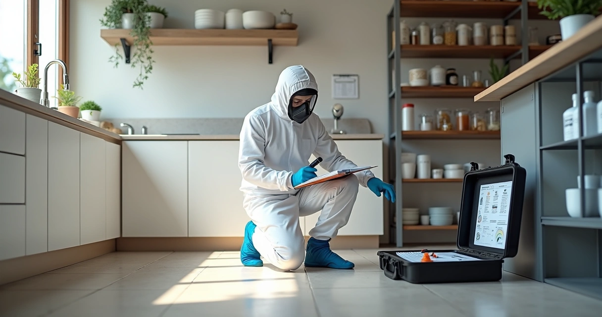 Técnico de controlo de pragas a inspecionar cozinha de casa e área de empresa 