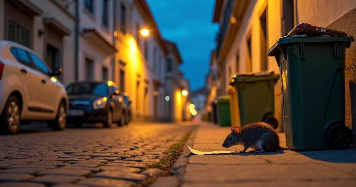 Rua urbana à noite com rato perto de contentor do lixo e armadilha discreta no chão 