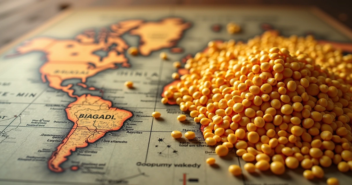 Grãos de soja sobre mapa mundi destacando rotas comerciais entre EUA, China e Brasil 