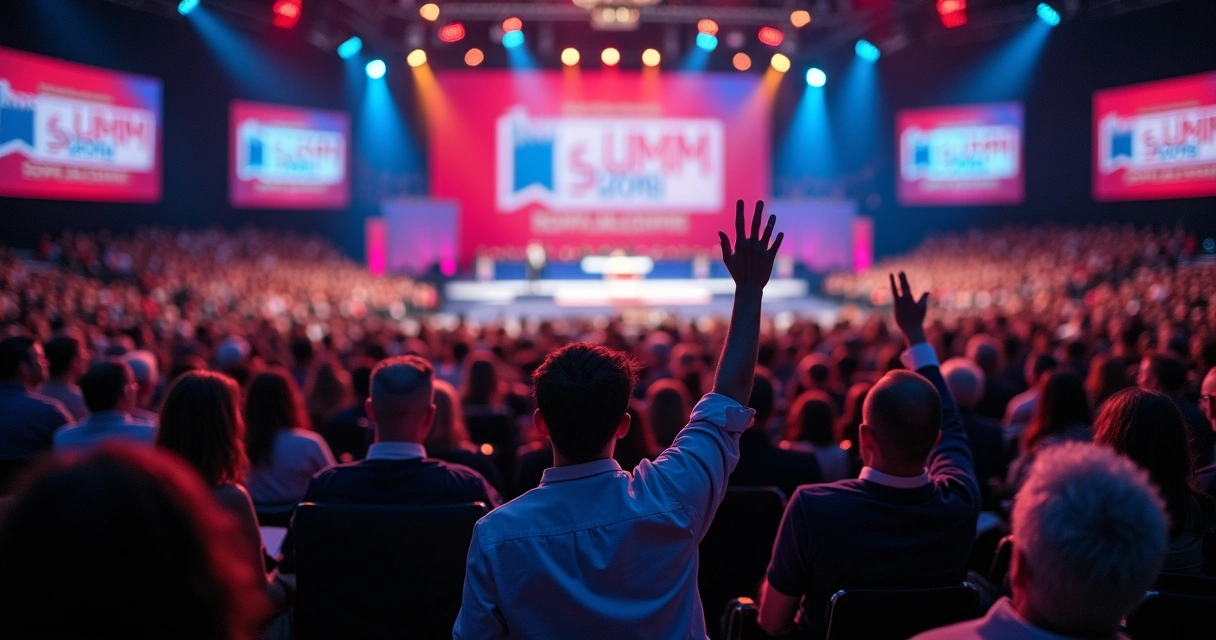 Auditório cheio de pessoas votando em convenção partidária, bandeiras e cartazes no fundo 