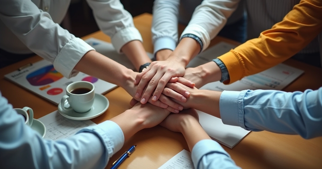 Detalhe de mãos diferentes se unindo no centro da mesa, simbolizando união de propósitos 
