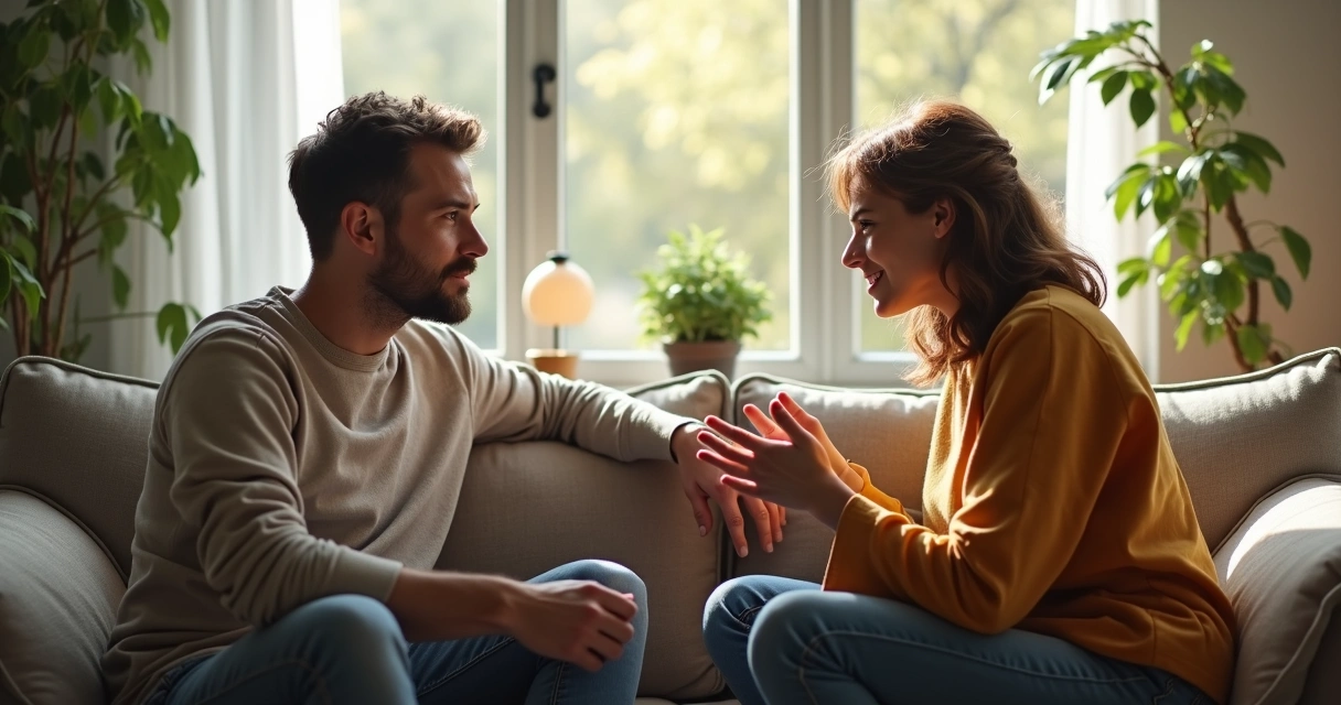 Dois adultos conversando sentados em um sofá, em ambiente aconchegante, ambos atentos um ao outro 