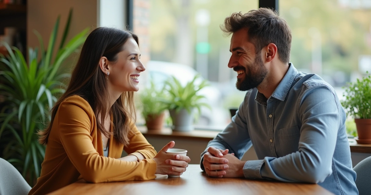 Duas pessoas conversando olhando nos olhos em ambiente claro 