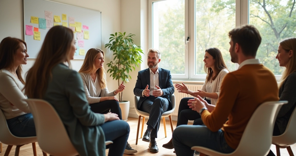 Equipe reunida em círculo em ambiente de trabalho, conversando de forma aberta 