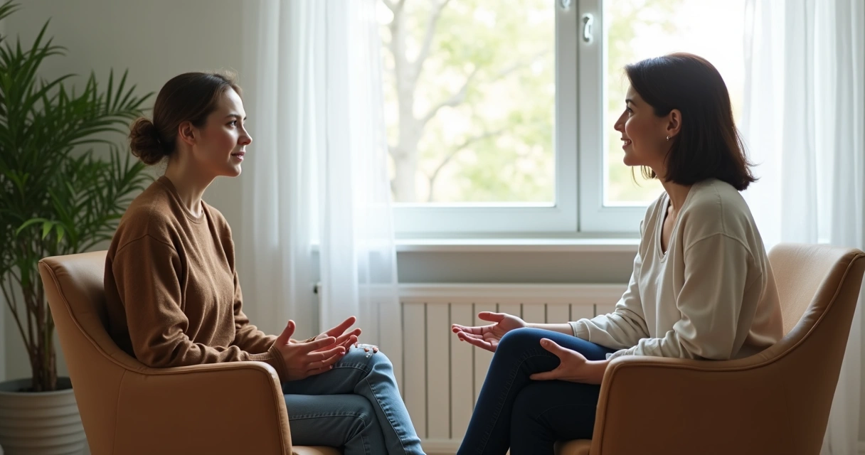 Duas pessoas em conversa acolhedora em ambiente claro