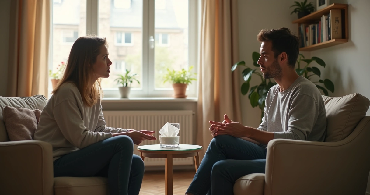 Adulto e adolescente conversando em ambiente acolhedor