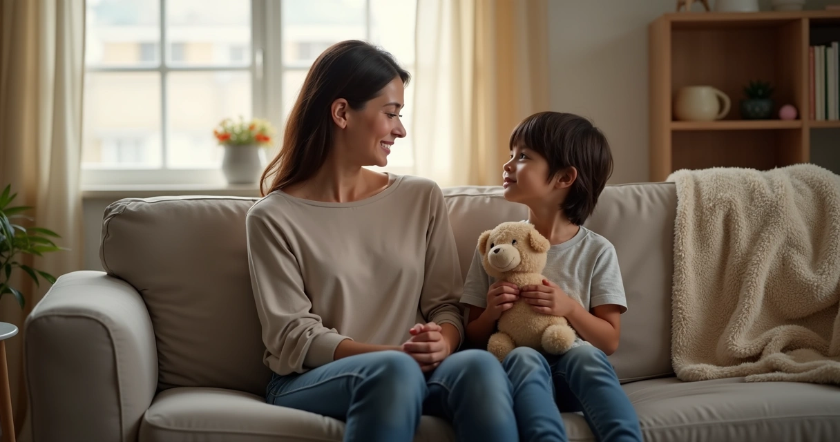 Conversa acolhedora entre adulto e criança sentados no sofá
