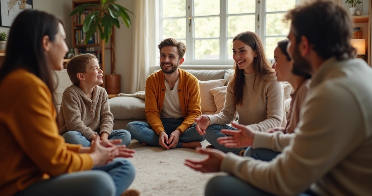 Família sentada em círculo, conversando de forma acolhedora 