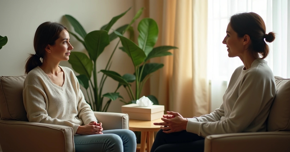 Duas pessoas em conversa de acolhimento em ambiente calmo
