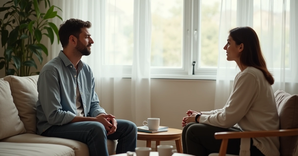 Duas pessoas conversando em uma sala com clima acolhedor