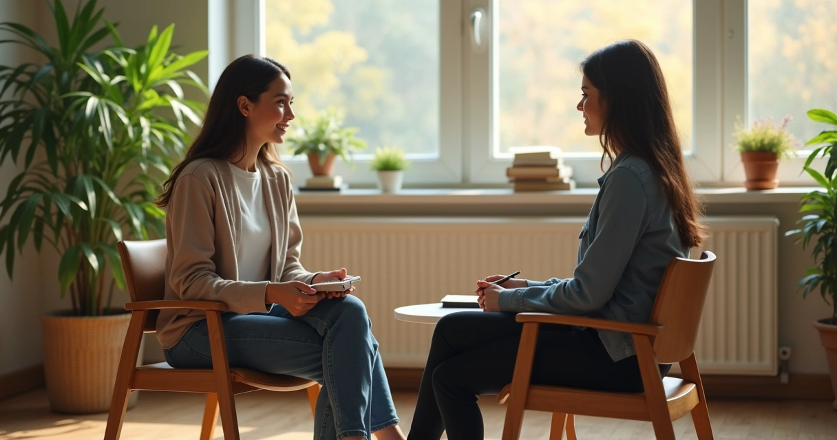 Educador conversando com estudante em espaço acolhedor