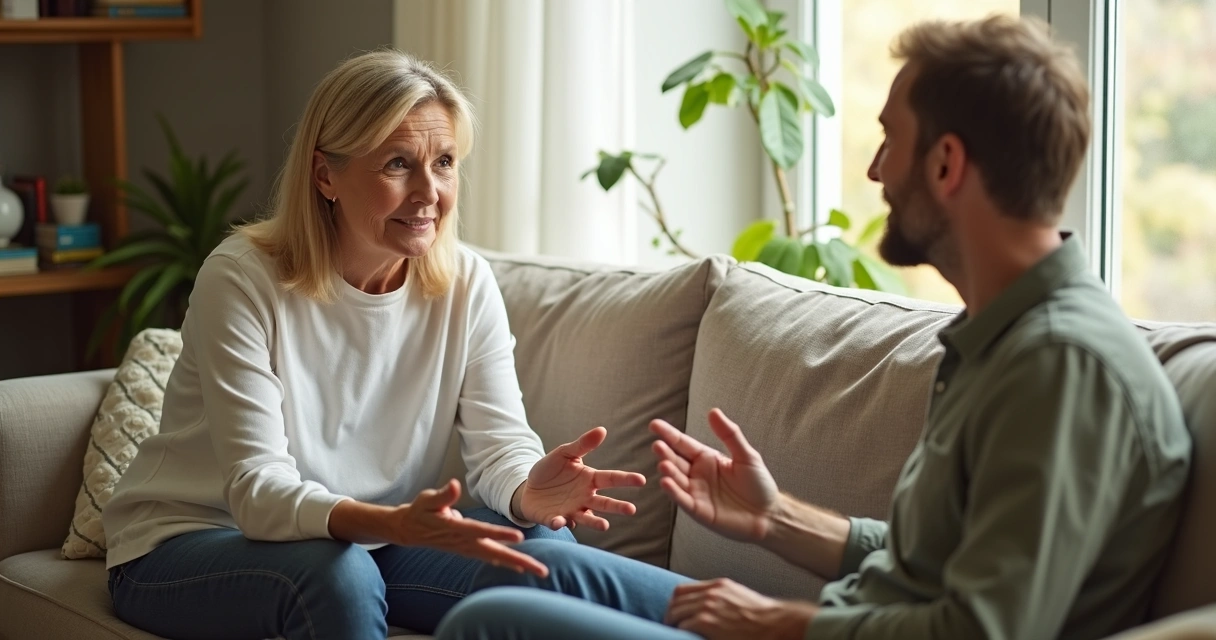 Duas pessoas em conversa acolhedora sentadas no sofá 