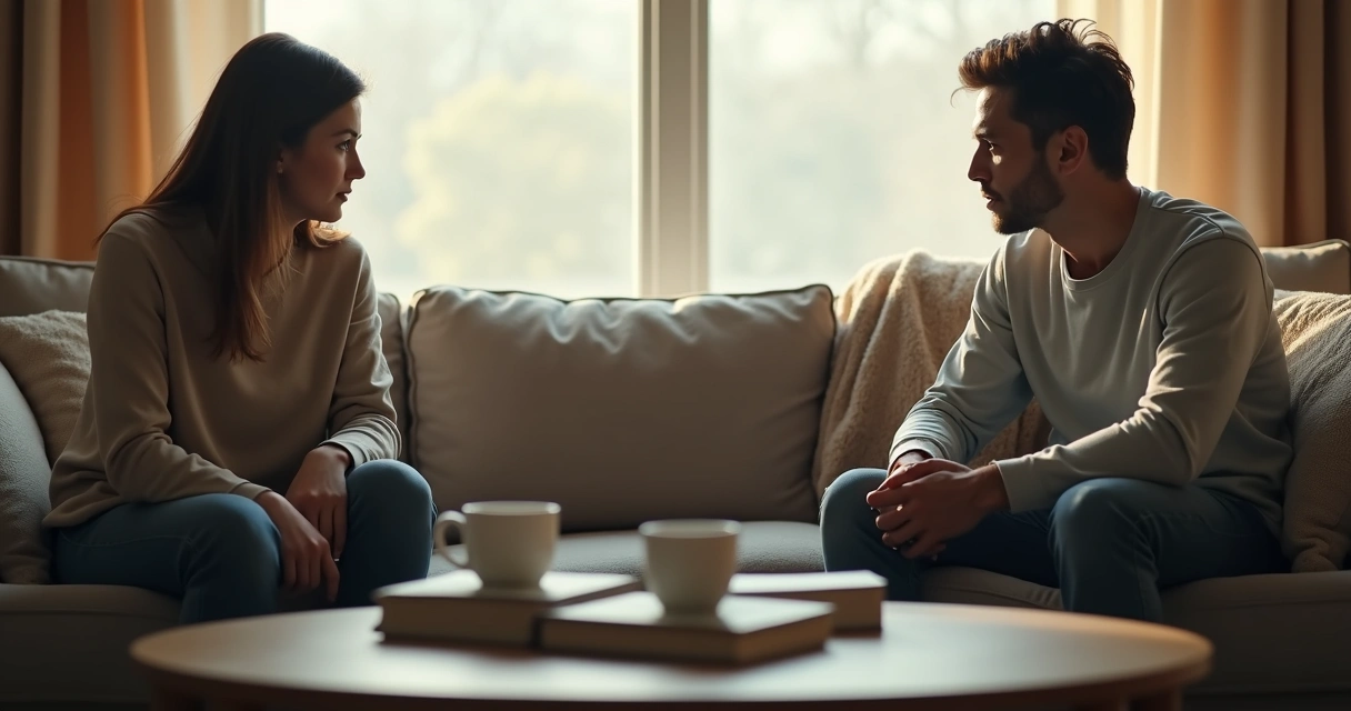 Casal sentado com distância emocional em uma conversa 