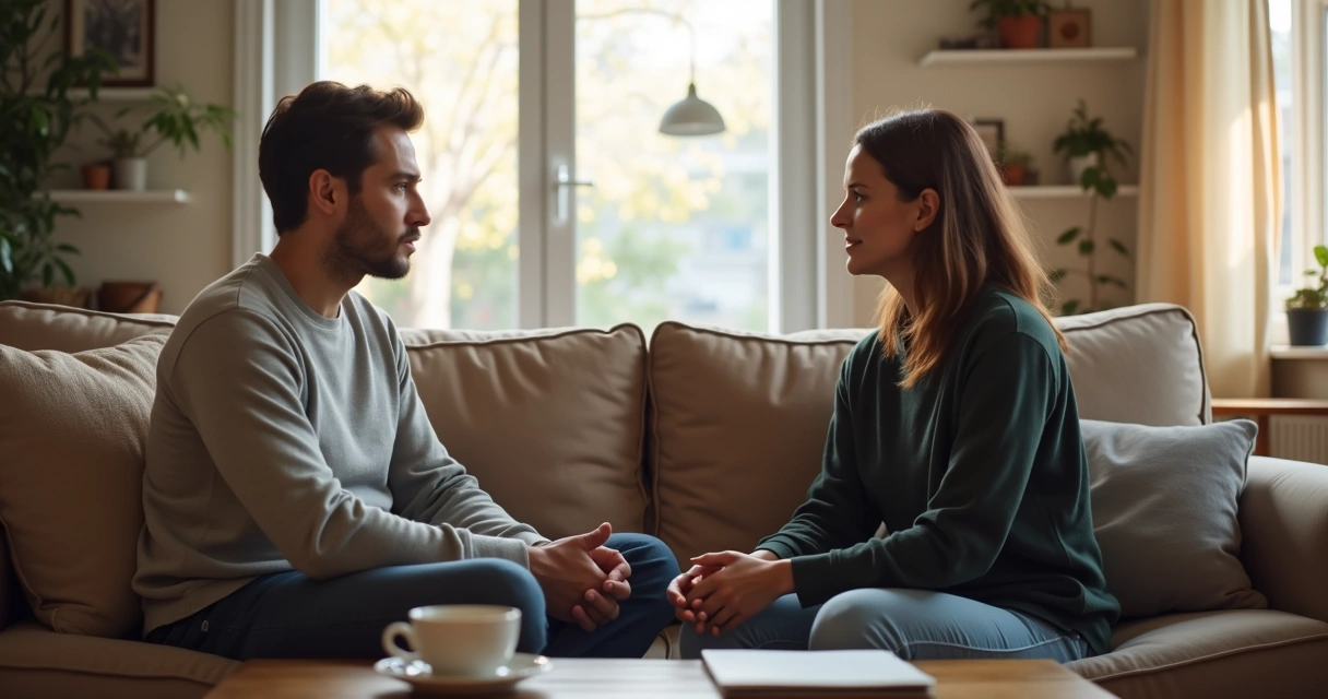 Casal conversando com calma em ambiente acolhedor