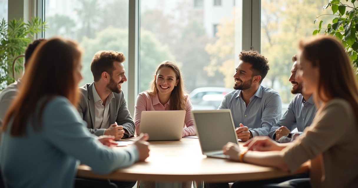 Colegas sorrindo em reunião de equipe 