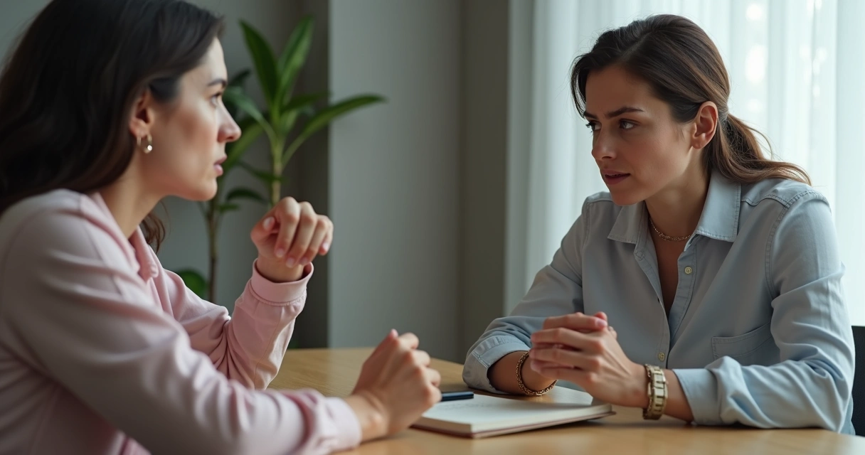 Duas pessoas sentadas frente a frente em uma mesa, expressão séria, ambiente interno moderno 