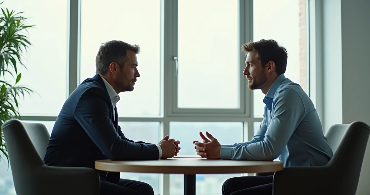 Duas pessoas conversando calmamente em um ambiente de trabalho 