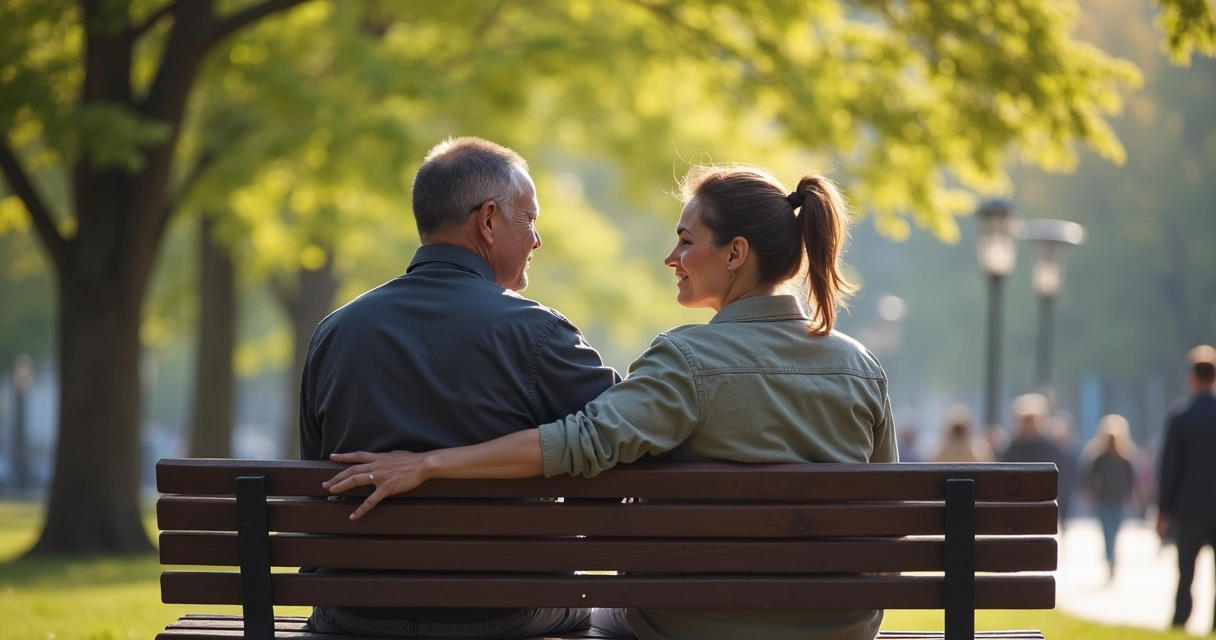 Duas pessoas conversando sentadas em um banco de praça 