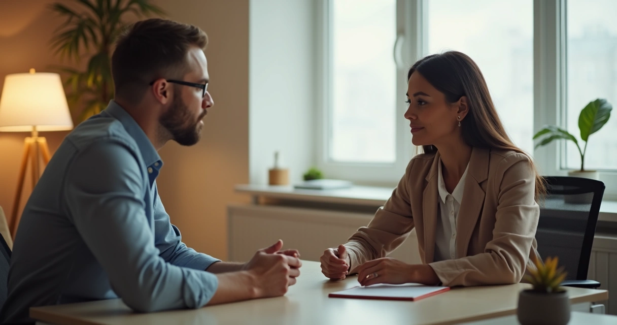Conversação respeitosa entre duas pessoas sentadas frente a frente, em um ambiente calmo 