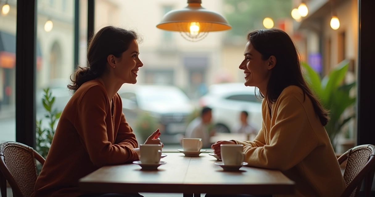 Duas pessoas conversando amigavelmente em uma mesa de café 