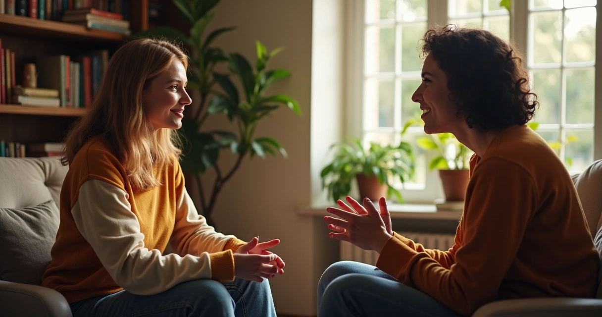 Duas pessoas sentadas, uma ouvindo atentamente a outra em um ambiente informal