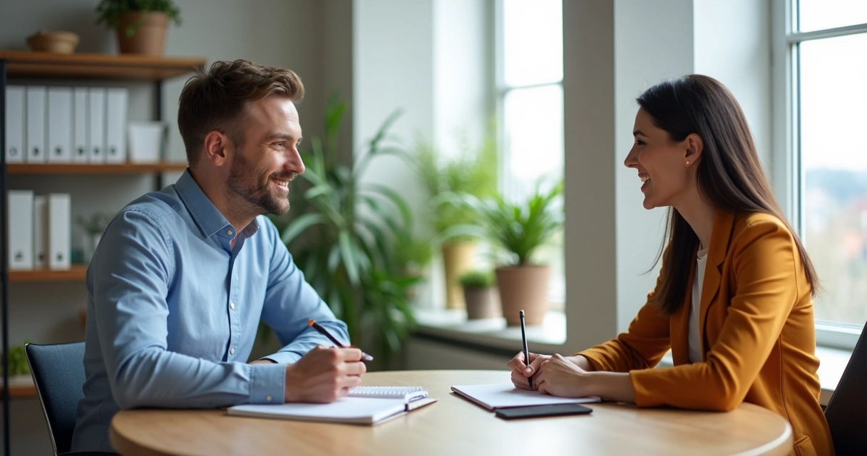 Duas pessoas sentadas em um escritório, conversando e trocando feedbacks de forma calma e respeitosa. 
