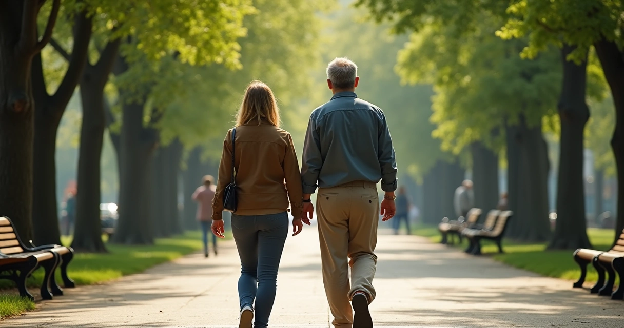 Duas pessoas conversando em tom calmo durante uma caminhada no parque 