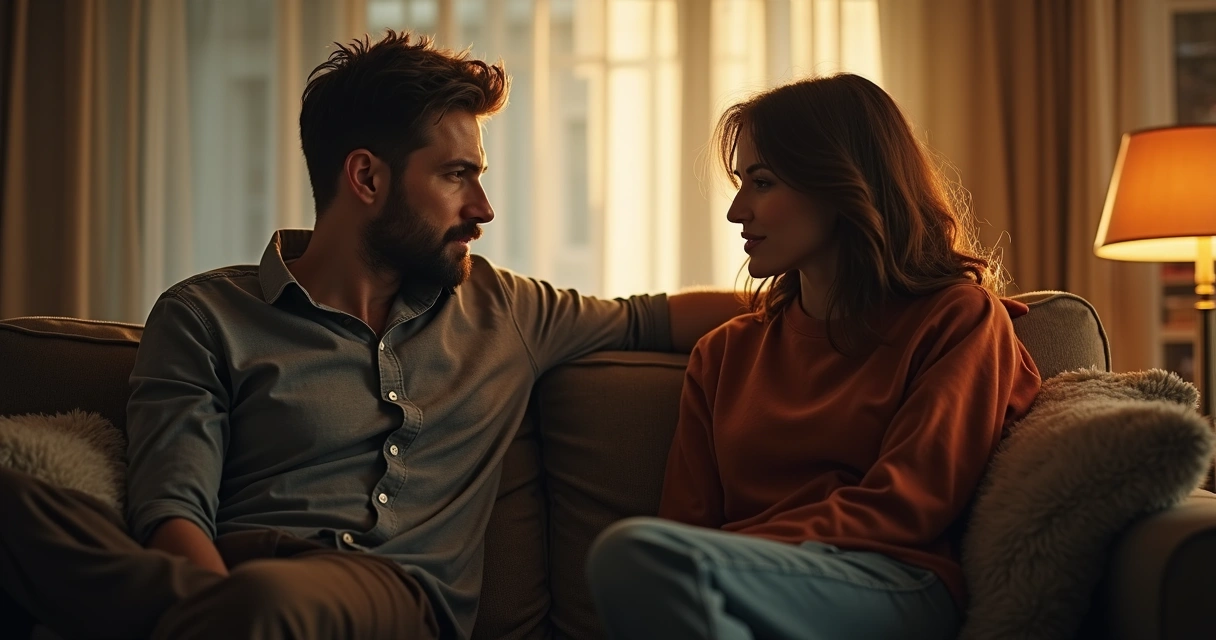 Duas pessoas conversando tranquilamente sentadas no sofá 