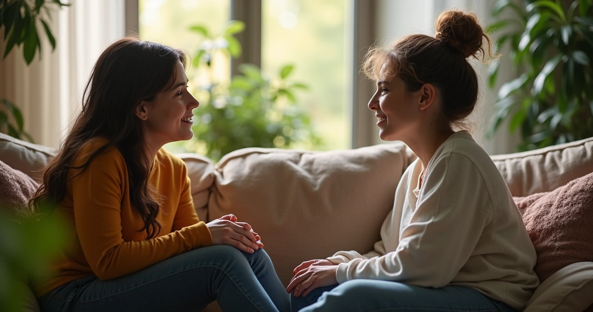 Duas pessoas conversando sentadas em um sofá, rodeadas de plantas e uma luz suave. 