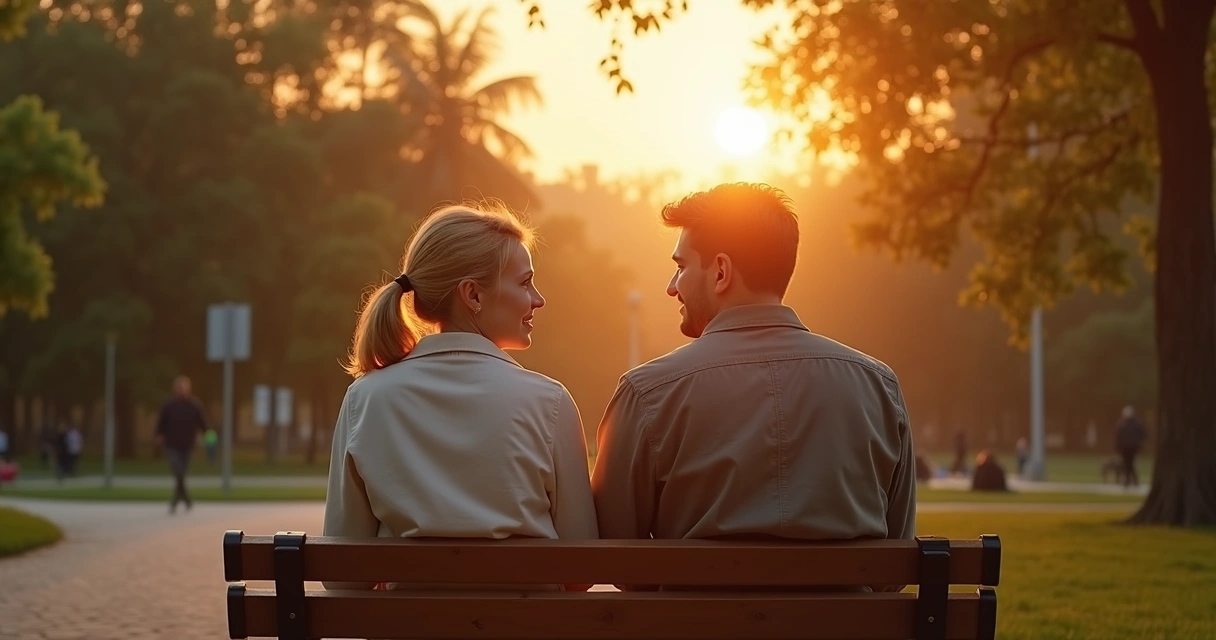 Duas pessoas conversando em um banco de praça ao entardecer