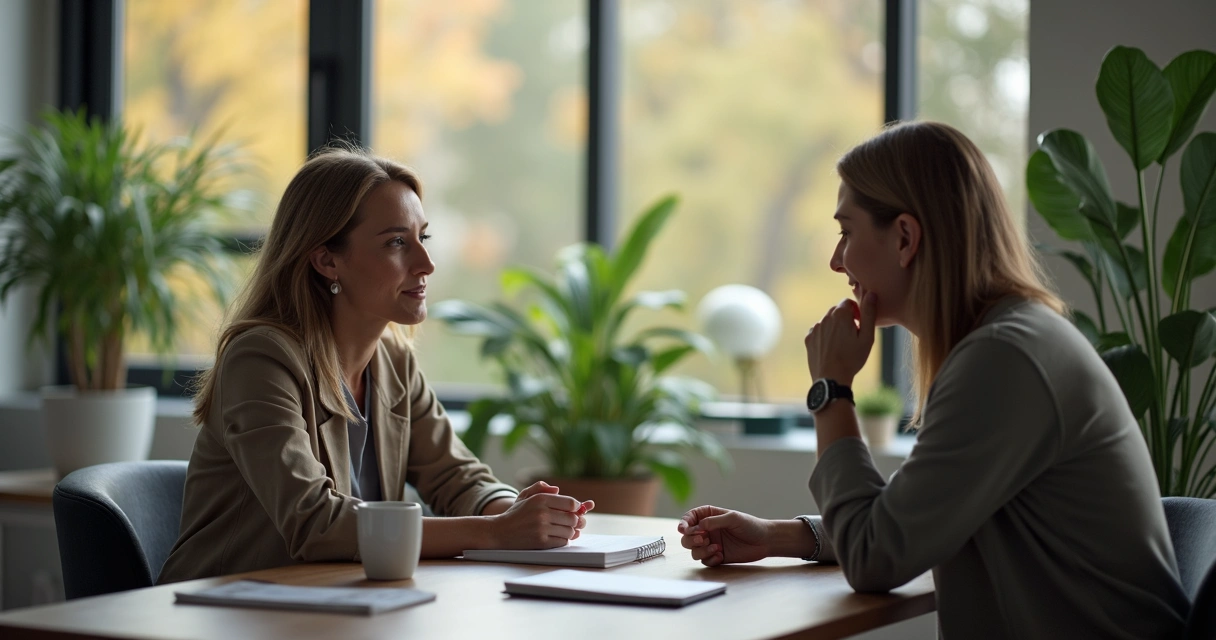 Duas pessoas em conversa de apoio profissional em escritório 
