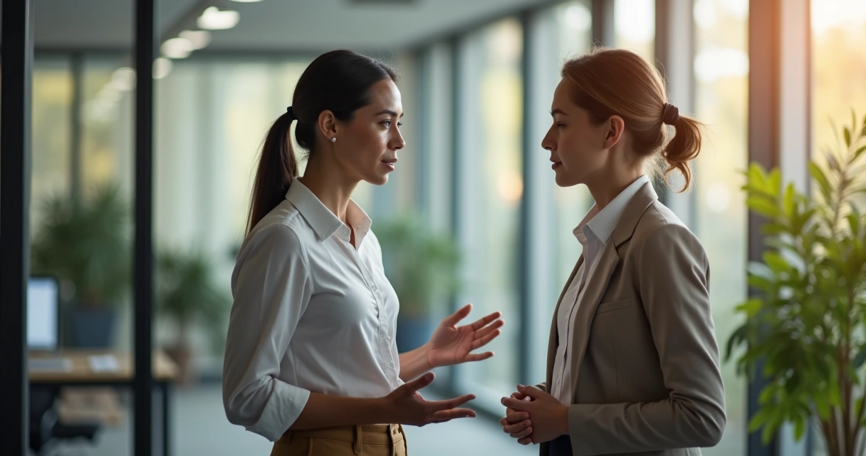 Duas pessoas conversando após um conflito em ambiente de trabalho