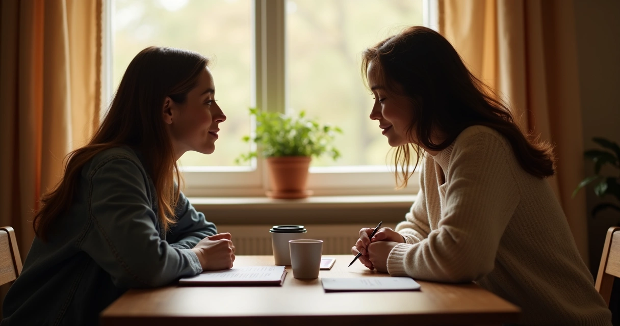 Duas pessoas sentadas à mesa conversando com atenção uma com a outra
