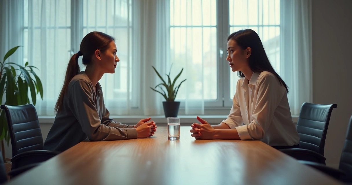 Duas pessoas conversando sentadas frente a frente, expressão neutra 