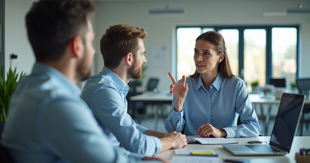 Líder falando assertivamente com funcionário em ambiente de escritório 