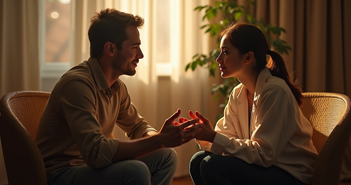 Duas pessoas sentadas em uma sala tranquila, uma ouvindo atentamente a outra 