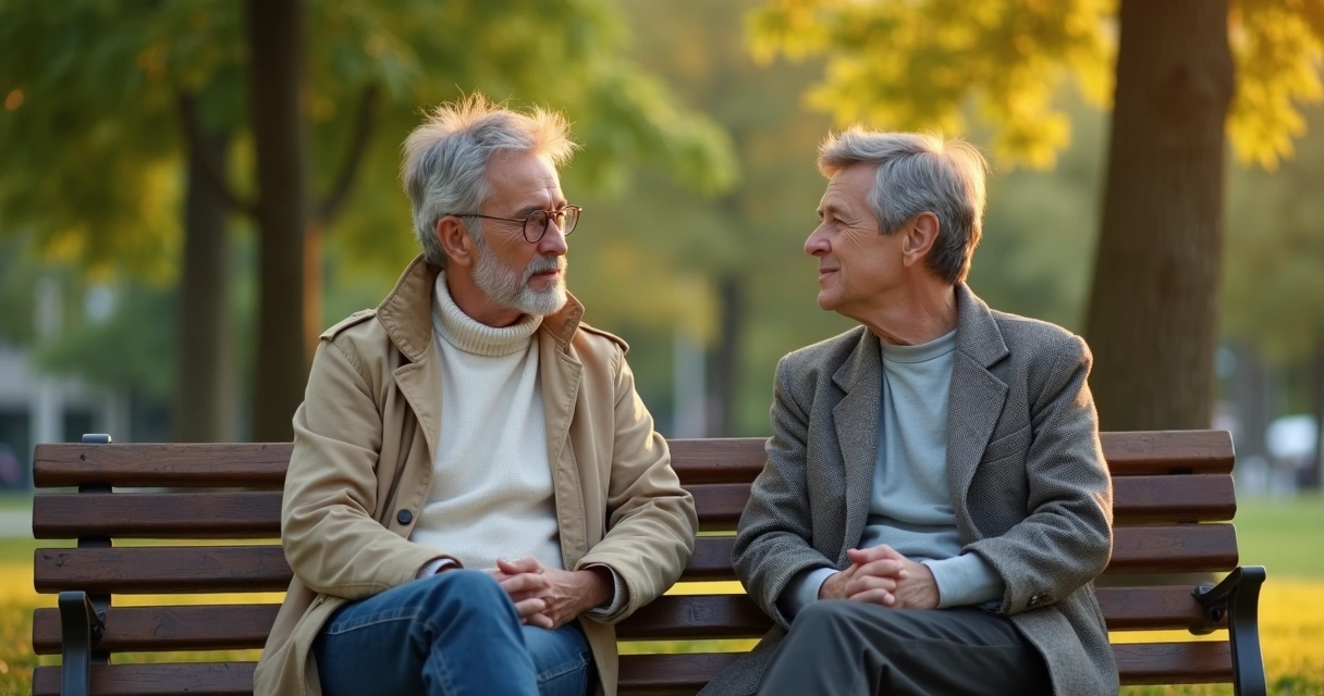 Dois amigos conversando com atenção em um banco de praça