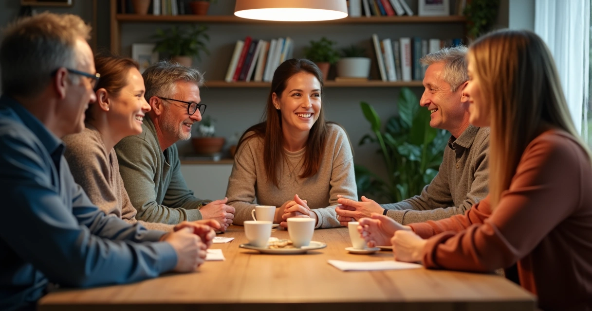 Pessoas sentadas ao redor de uma mesa conversando atentas umas às outras
