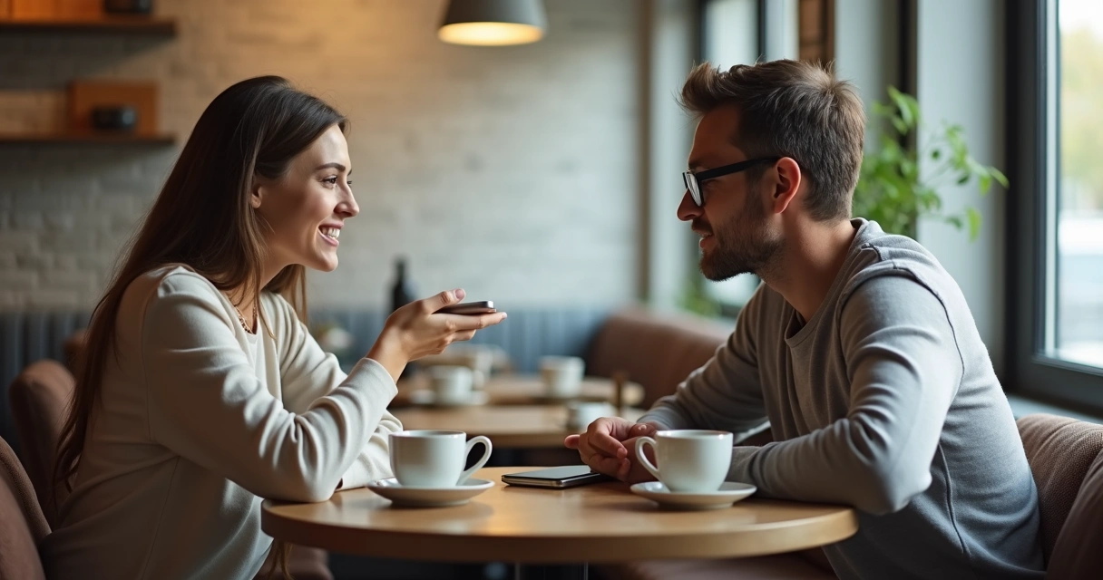 Duas pessoas conversando com atenção em uma mesa de café